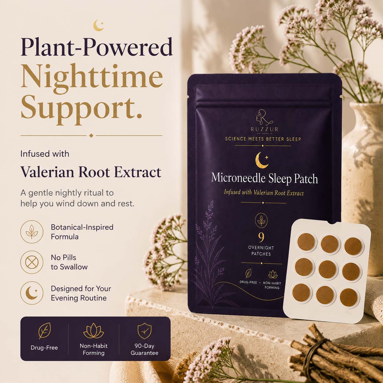 Ruzzur Microneedle Sleep Patches – Valerian Root, 9 Overnight Patches