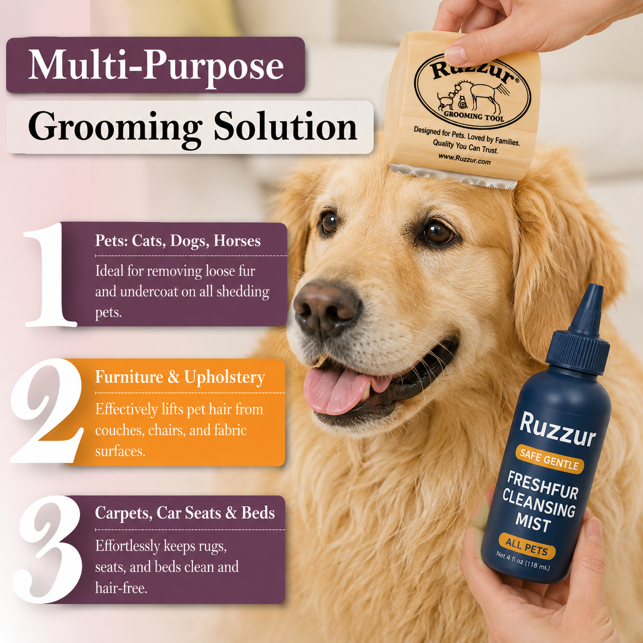 Ruzzur Kit — De-Shedding Brush + Waterless Cleansing Mist for Dogs, Cats & All Pets